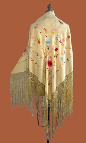 1950's-70's Floral Embroidered Fringe Piano Shawl, One Size