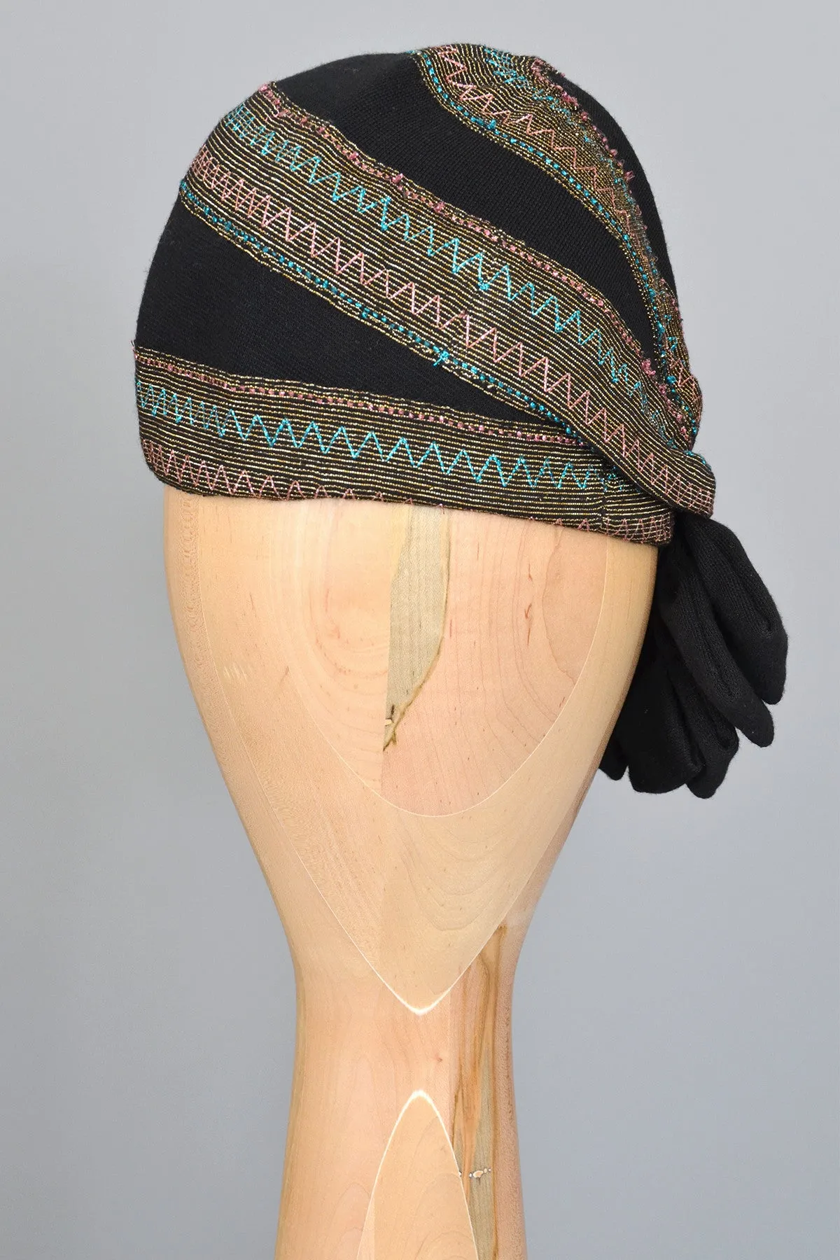 1950s Black Cloche Turban with Blue Pink Gold Metallic Weave