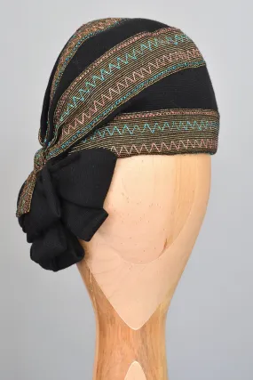 1950s Black Cloche Turban with Blue Pink Gold Metallic Weave