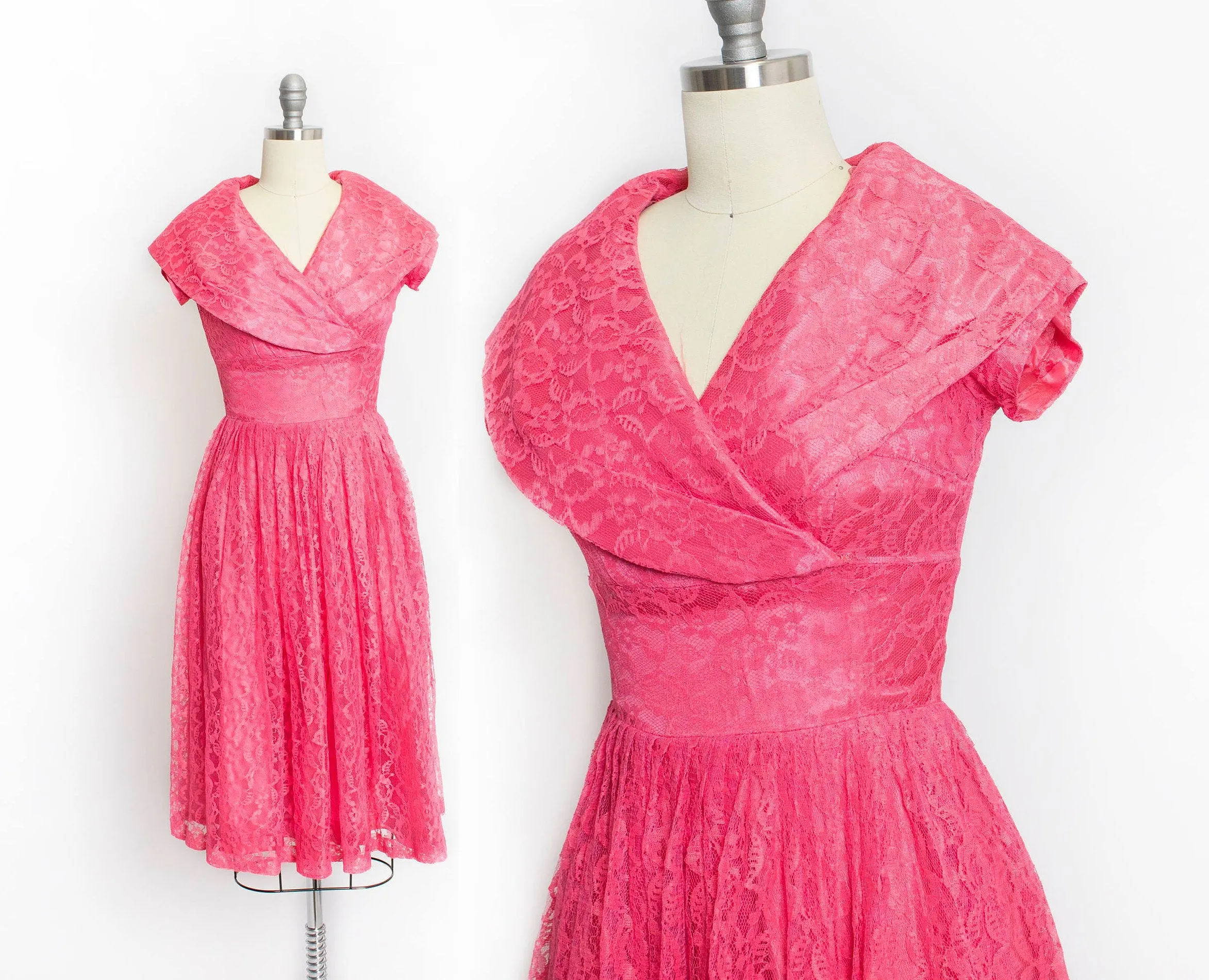 1950s Dress Fuchsia Lace Full Skirt Party Small / XS