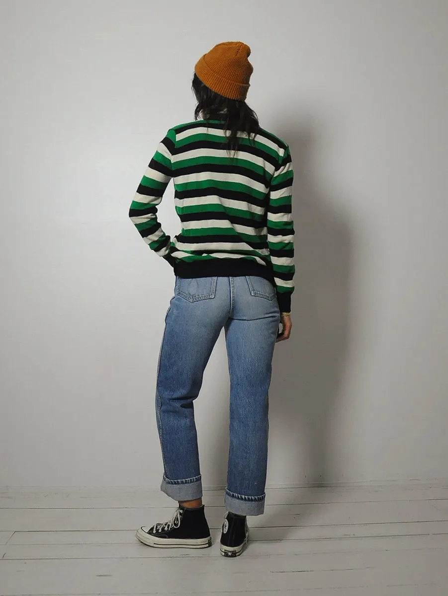 1980's Green Striped Sweater Cardigan