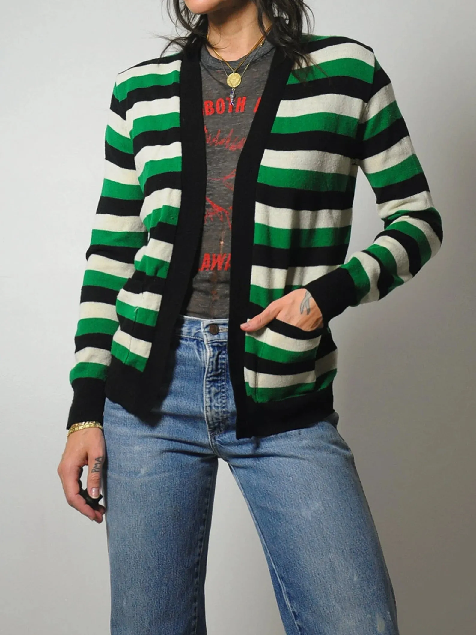 1980's Green Striped Sweater Cardigan