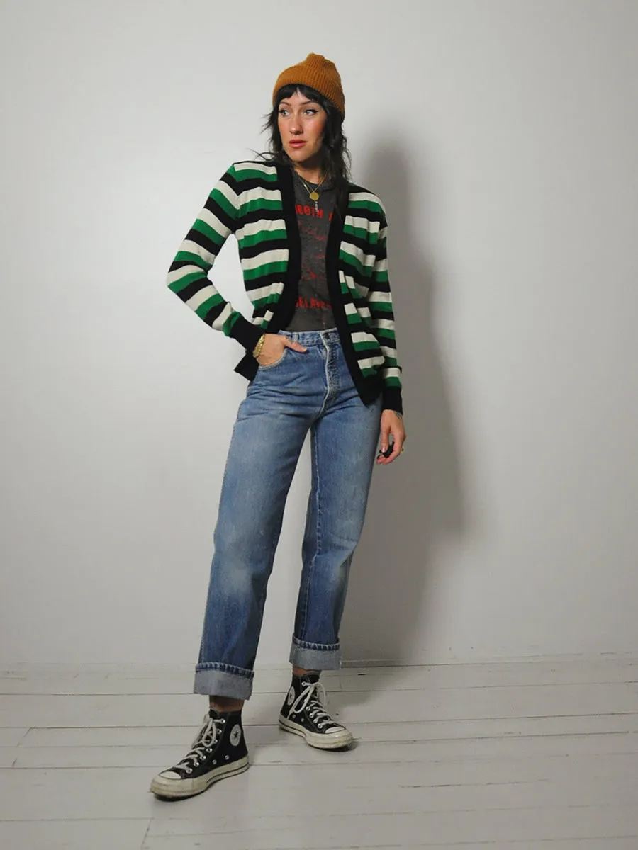 1980's Green Striped Sweater Cardigan