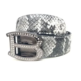 Barabas 'B" Shiny Black/White Snake Adjustable Luxury Leather Dress Belt