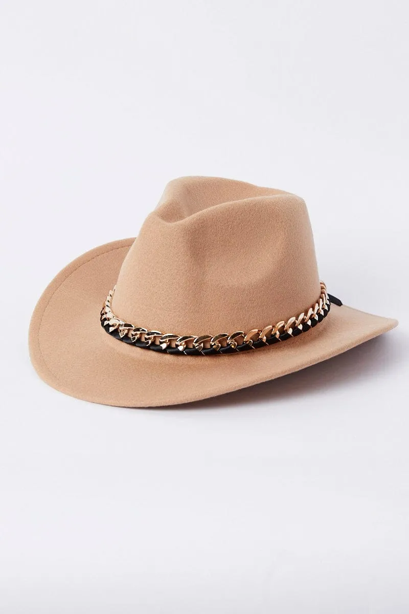 Beige Chain Decor Cowboy Hat