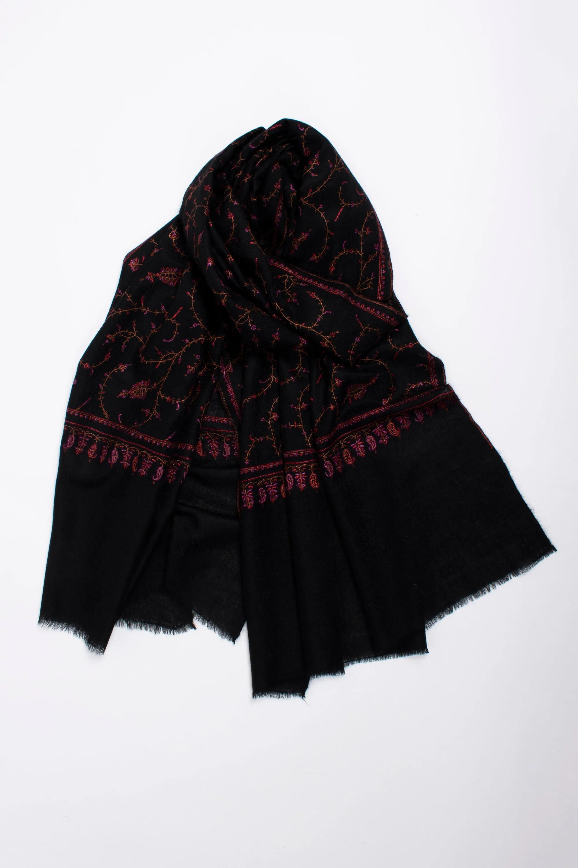 Black Scarves, Super Soft Pashminas, Needlework Embroideries, Kashmiri Shawls, Goat Scarf, 28x80" - TAWHITI