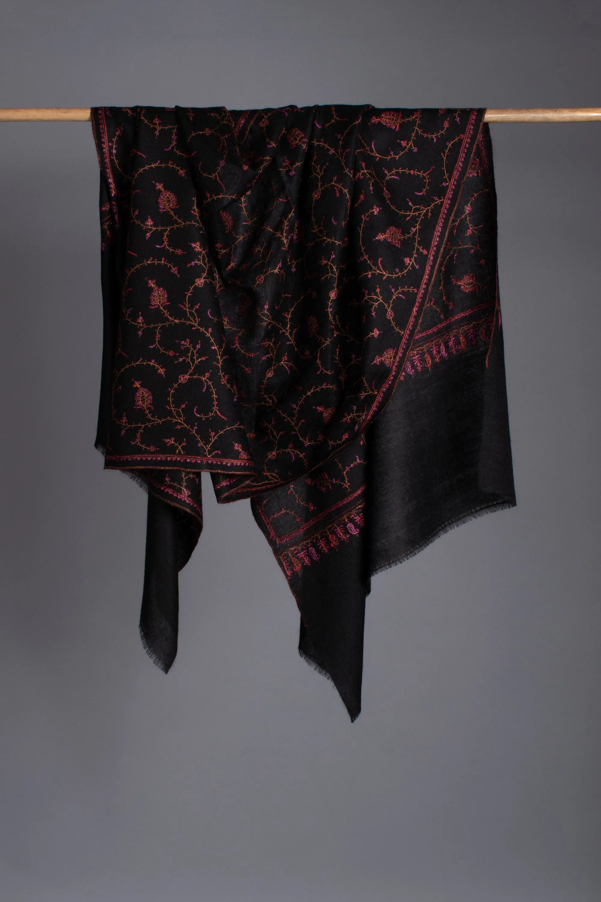 Black Scarves, Super Soft Pashminas, Needlework Embroideries, Kashmiri Shawls, Goat Scarf, 28x80" - TAWHITI