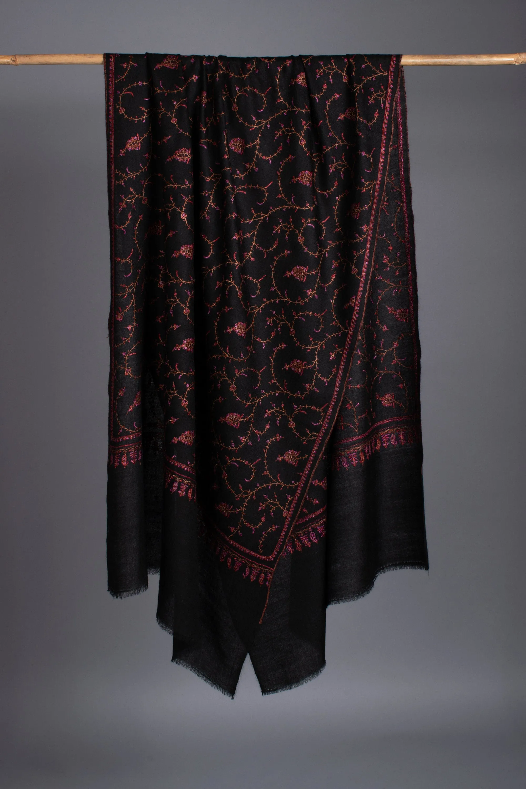 Black Scarves, Super Soft Pashminas, Needlework Embroideries, Kashmiri Shawls, Goat Scarf, 28x80" - TAWHITI