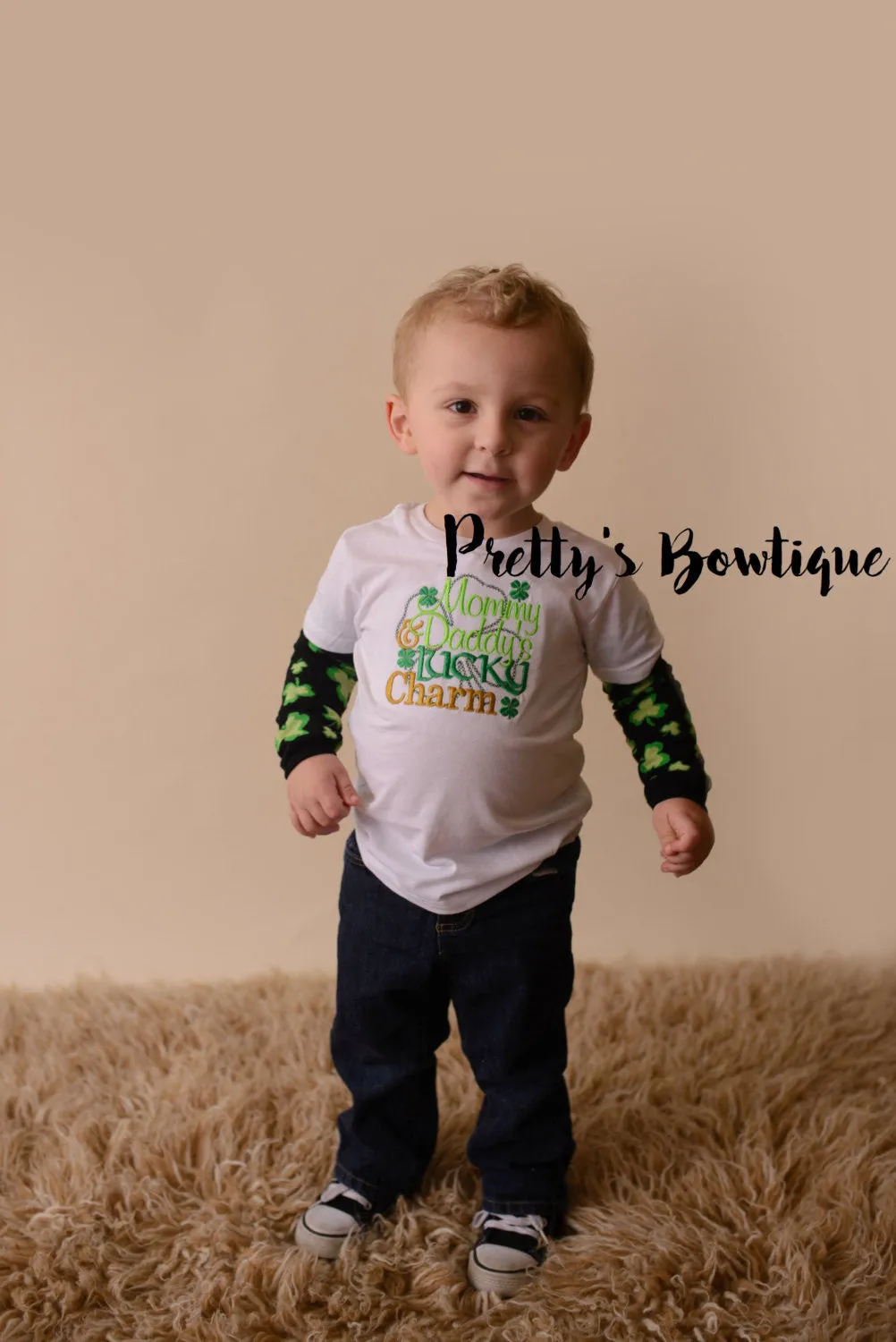 Boys St. Patrick's Day Shirt -- Mommy & Daddys Lucky Charm bodysuit or t shirt with legwarmers shown as arm warmers - St. Patricks Day shirt