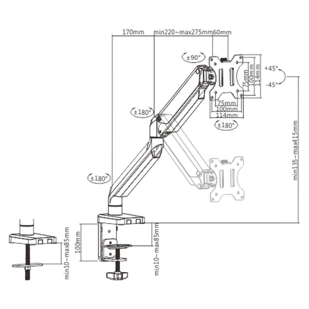 Brateck Bracket 17"-32" Single Monitor Aluminum Gas Spring Arm Up To 8kg / Monitor Arm (LDT26-C012)