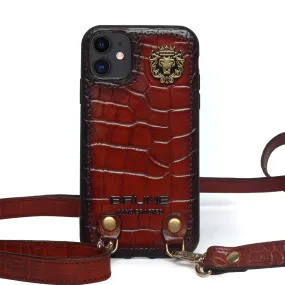 Cognac Croco Textured Leather Adjustable Strap Mobile Cover by Brune & Bareskin