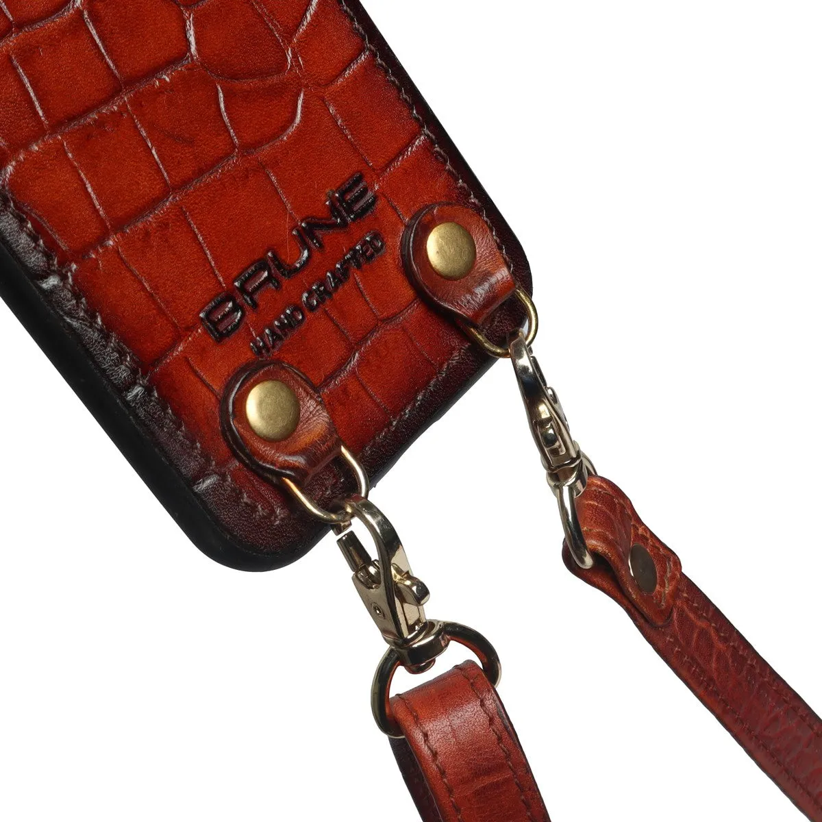 Cognac Croco Textured Leather Adjustable Strap Mobile Cover by Brune & Bareskin