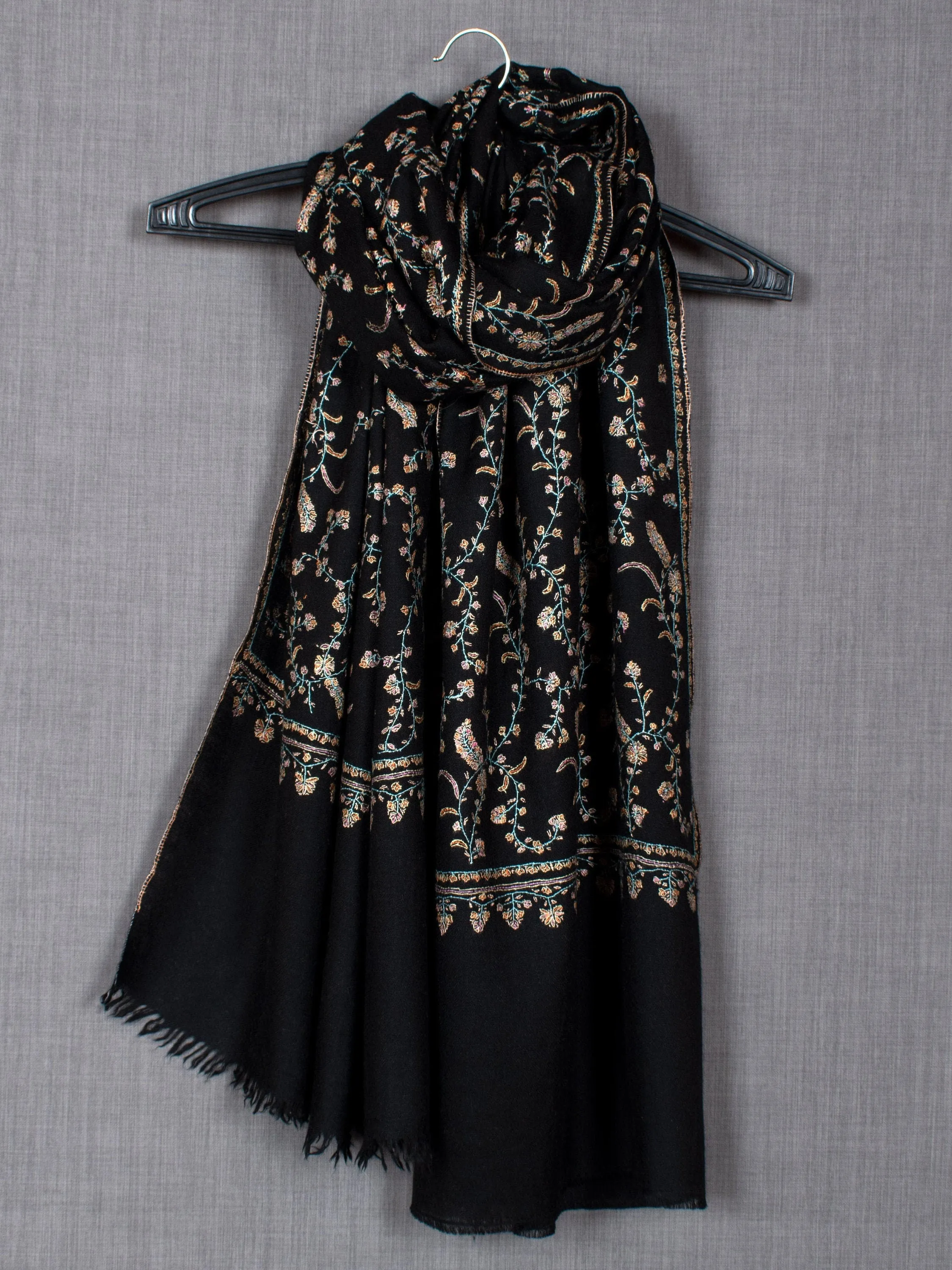 Embroidered Jaaldaar Kashmir Pashmina Scarf, Black Wrap, 28x80"