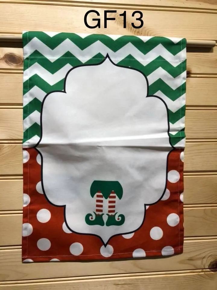 Garden Flag - GF13 - Green Chevron with Red Polka dot Monogram with Elf