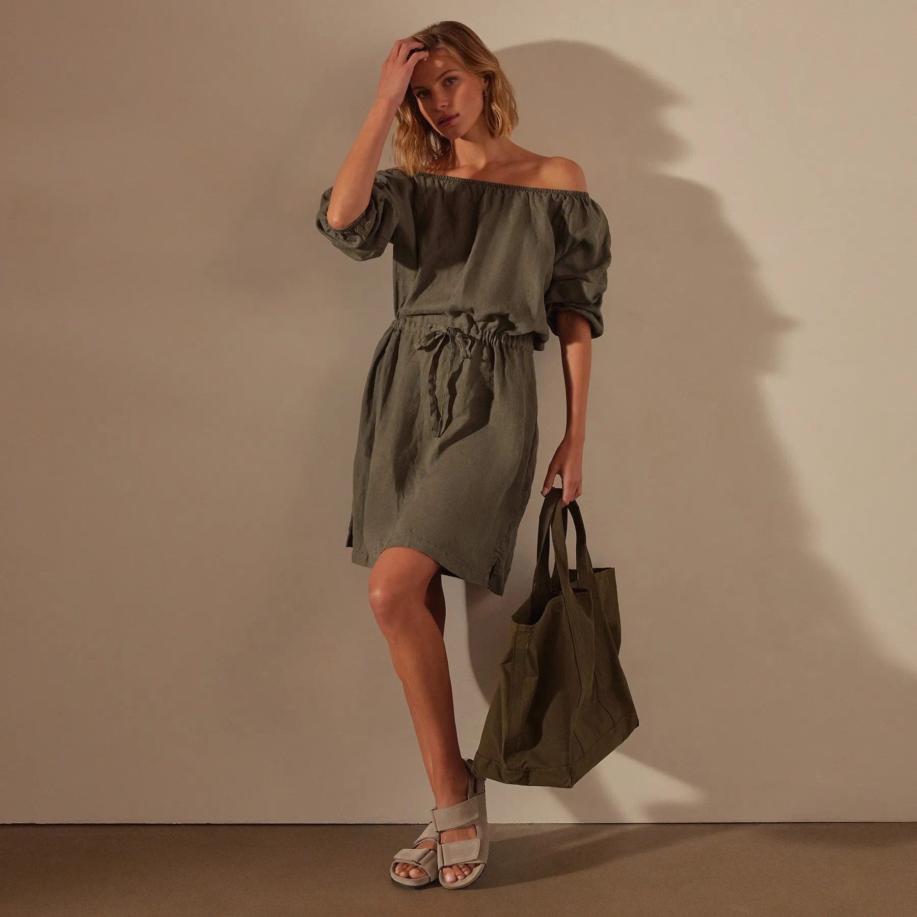 Gathered Linen Dress - Palm Pigment