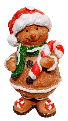 Gingerbread Figurine with Red Santa Hat/Green Scarf Holding Candy Cane