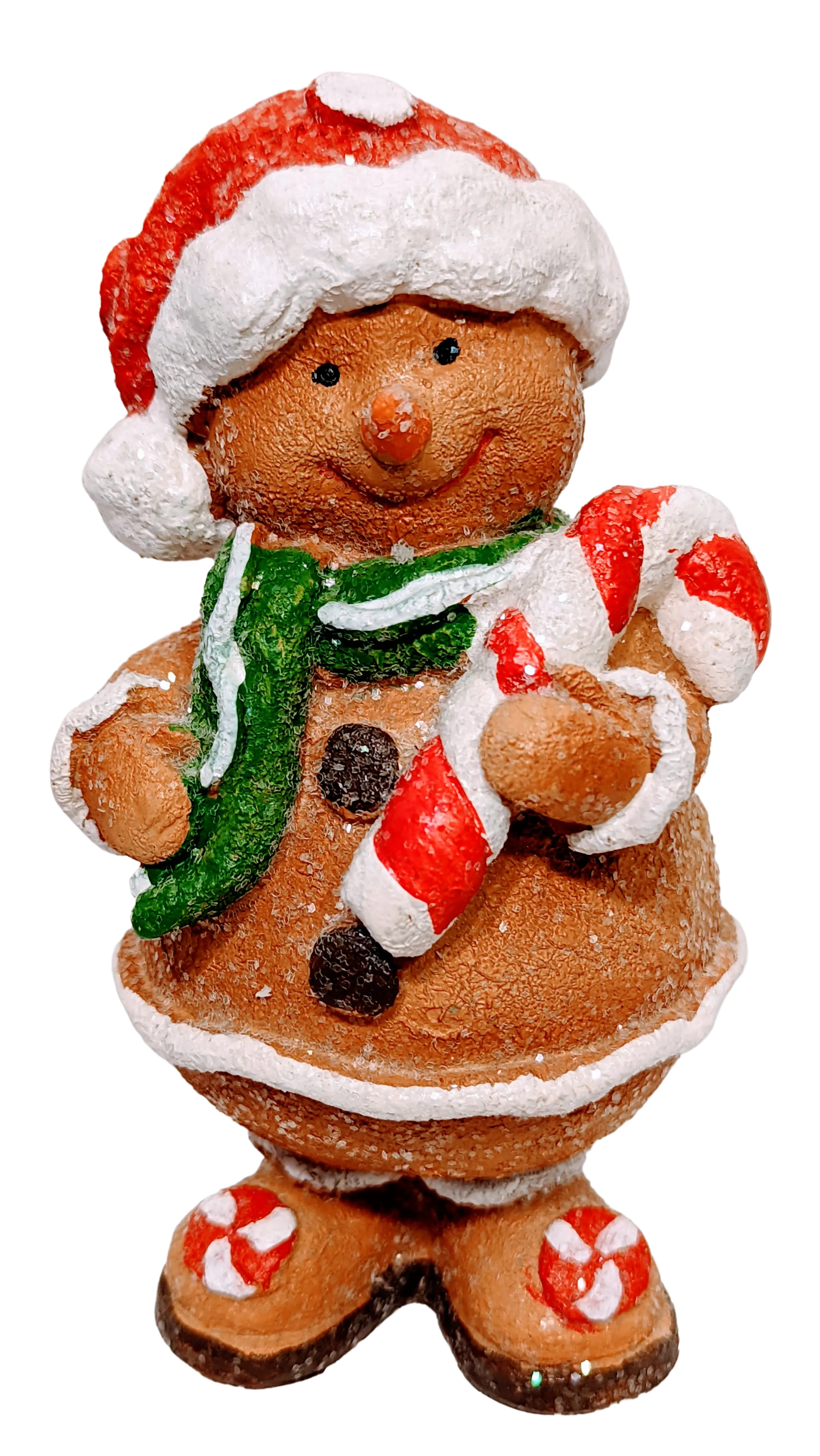 Gingerbread Figurine with Red Santa Hat/Green Scarf Holding Candy Cane