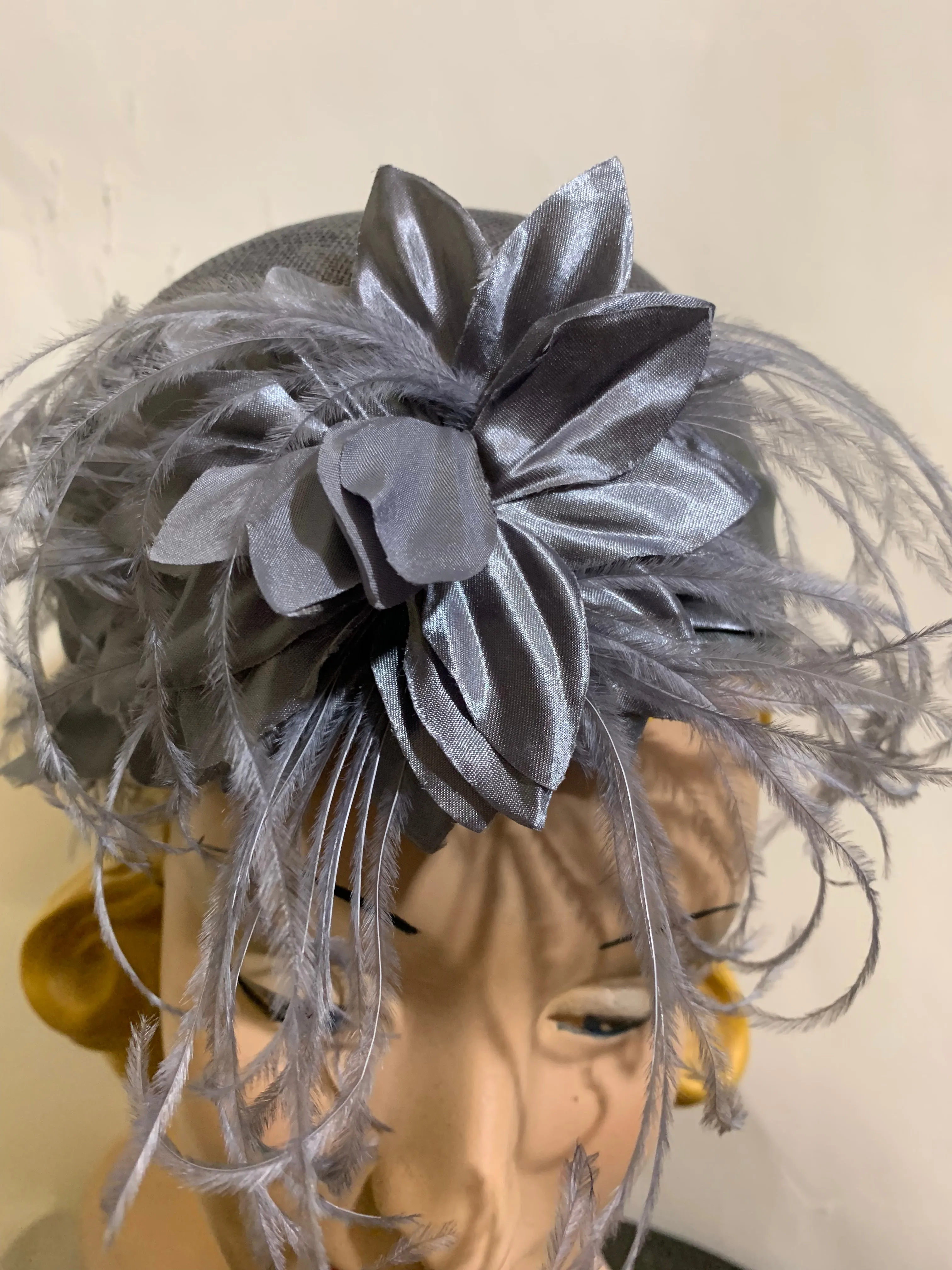 Grey Modern Does 1920s Sisal Hat with Feather Spray