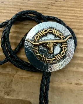 Hammered Silver Gold Longhorn Brands Bolo Tie