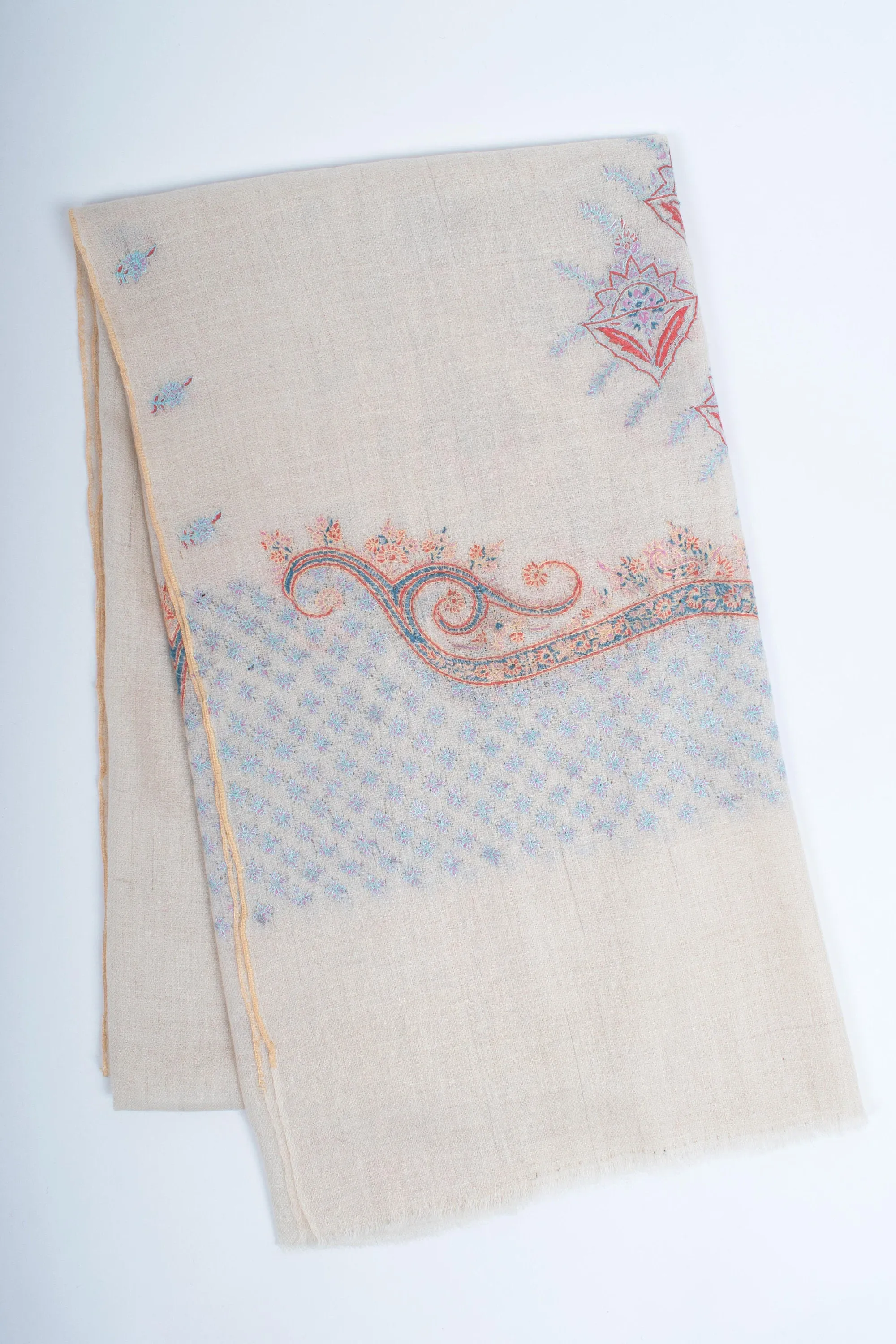 Ivory Kashmir Shawl, Pashmina Scarf, Sozni Wrap, Super Soft, Handmade, Embroidered Neck Scarves, 28x80" - MEXICO