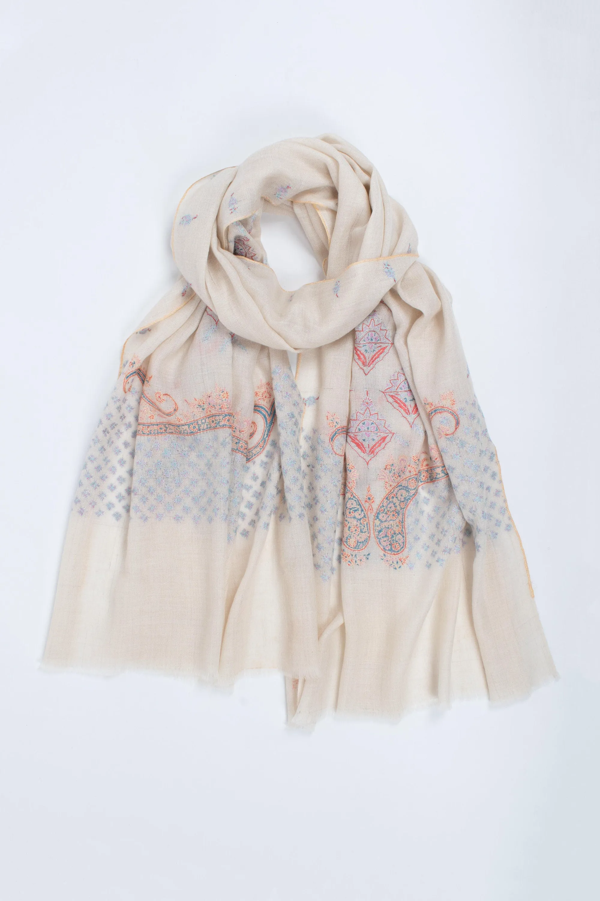 Ivory Kashmir Shawl, Pashmina Scarf, Sozni Wrap, Super Soft, Handmade, Embroidered Neck Scarves, 28x80" - MEXICO