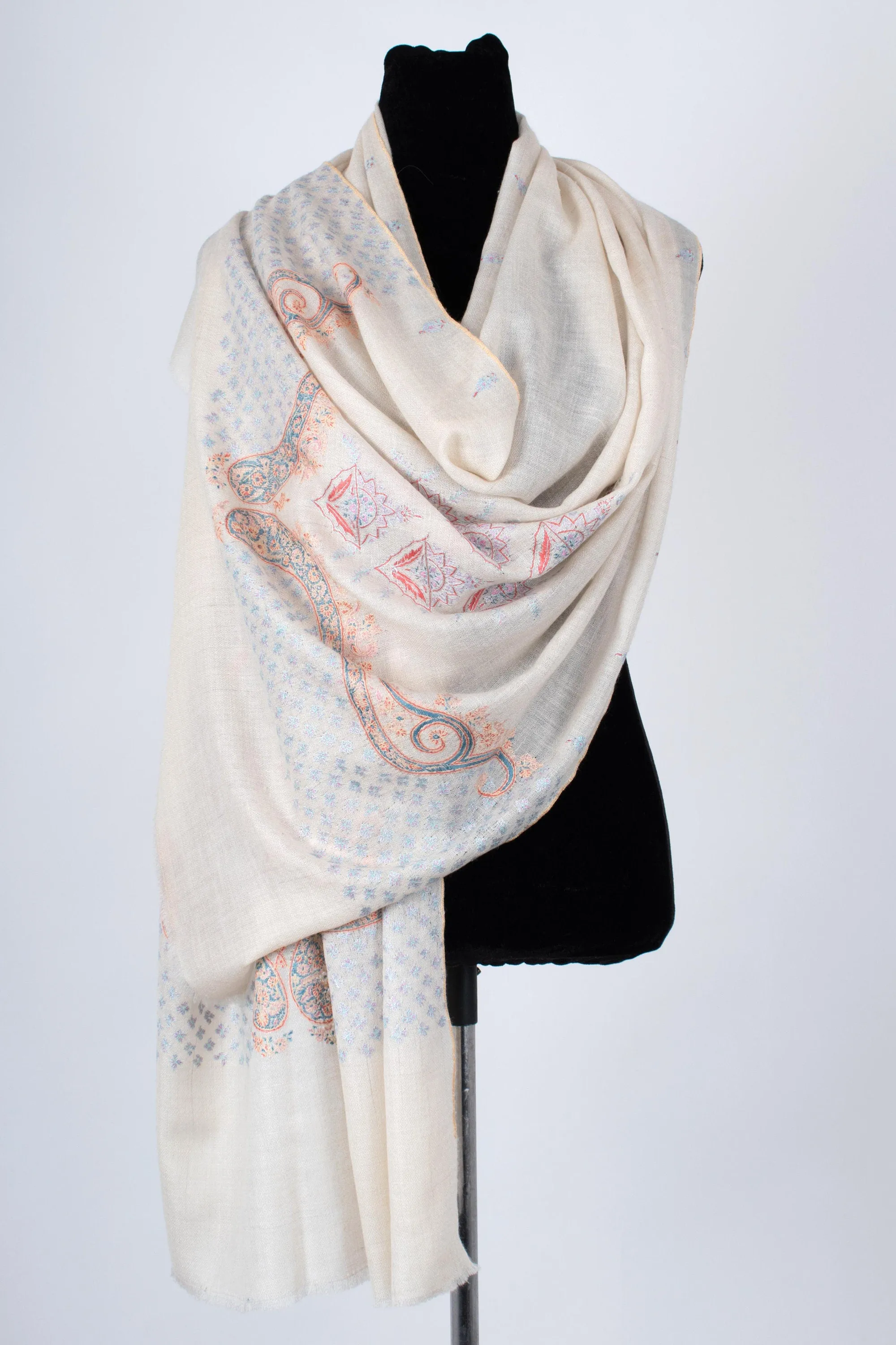 Ivory Kashmir Shawl, Pashmina Scarf, Sozni Wrap, Super Soft, Handmade, Embroidered Neck Scarves, 28x80" - MEXICO