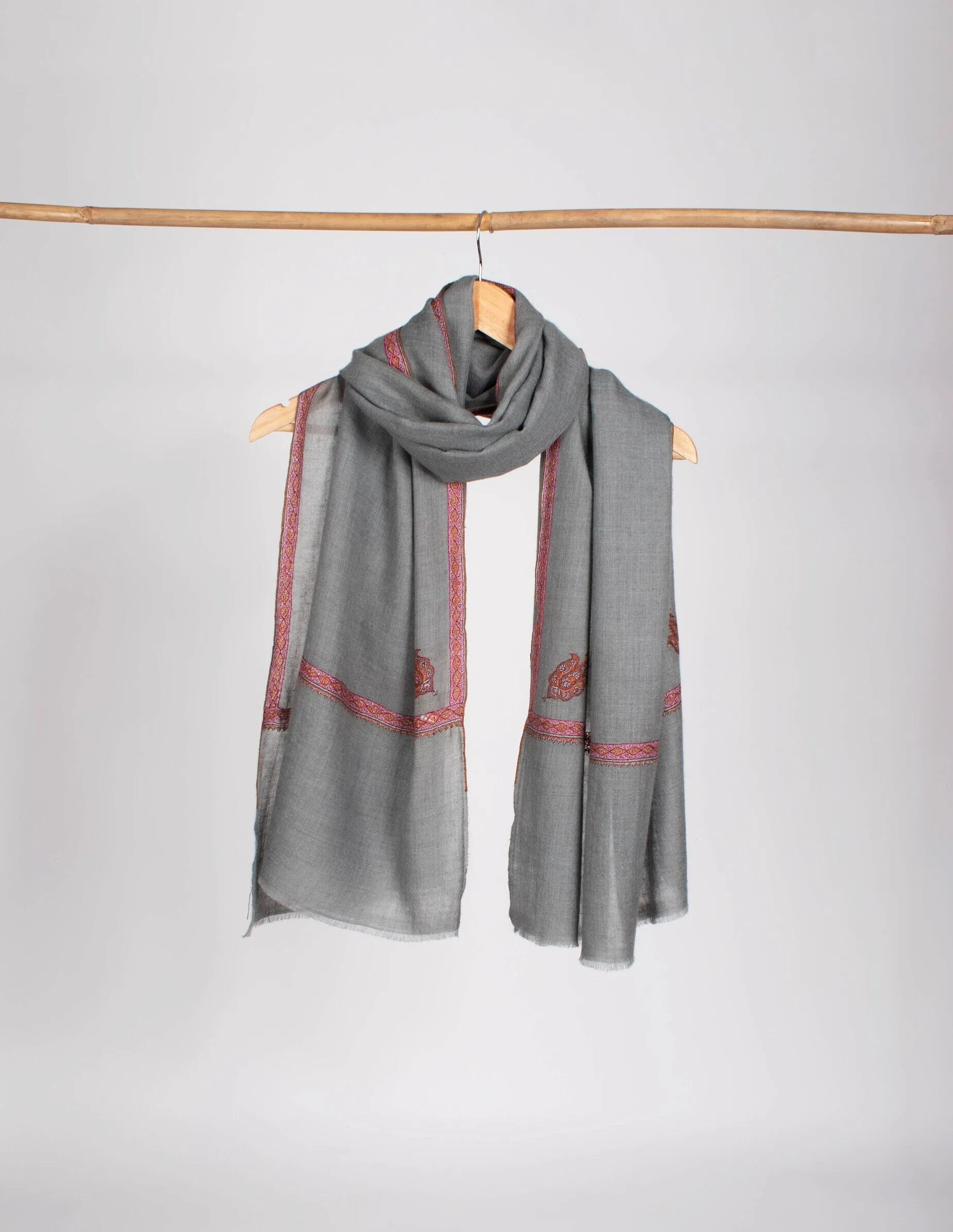 Kashmir Spring Shawl, Grey Pashmina Scarf, Sozni Wrap, Super Soft, Handmade, Embroidered Neck Scarves, 28x80" - INDIO