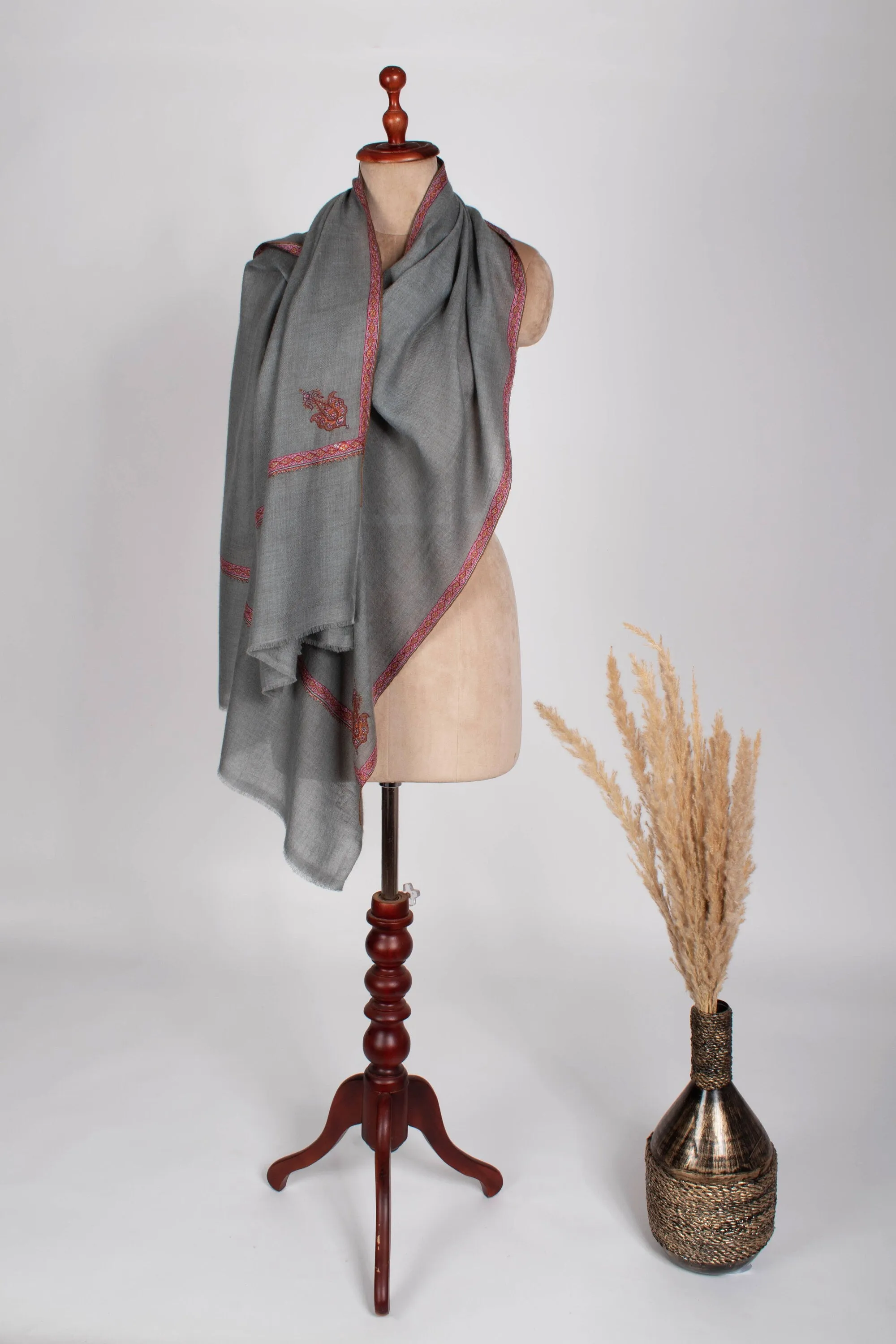 Kashmir Spring Shawl, Grey Pashmina Scarf, Sozni Wrap, Super Soft, Handmade, Embroidered Neck Scarves, 28x80" - INDIO