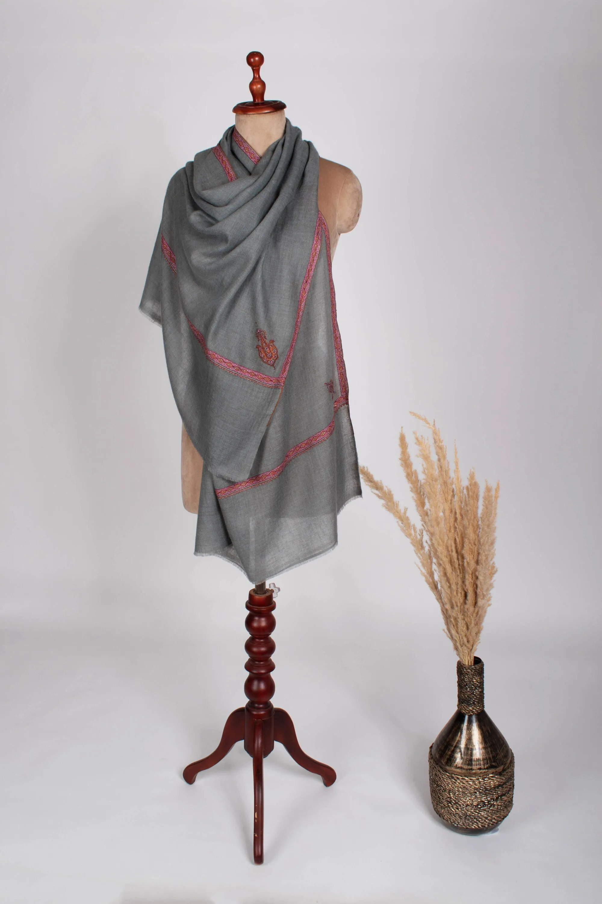 Kashmir Spring Shawl, Grey Pashmina Scarf, Sozni Wrap, Super Soft, Handmade, Embroidered Neck Scarves, 28x80" - INDIO