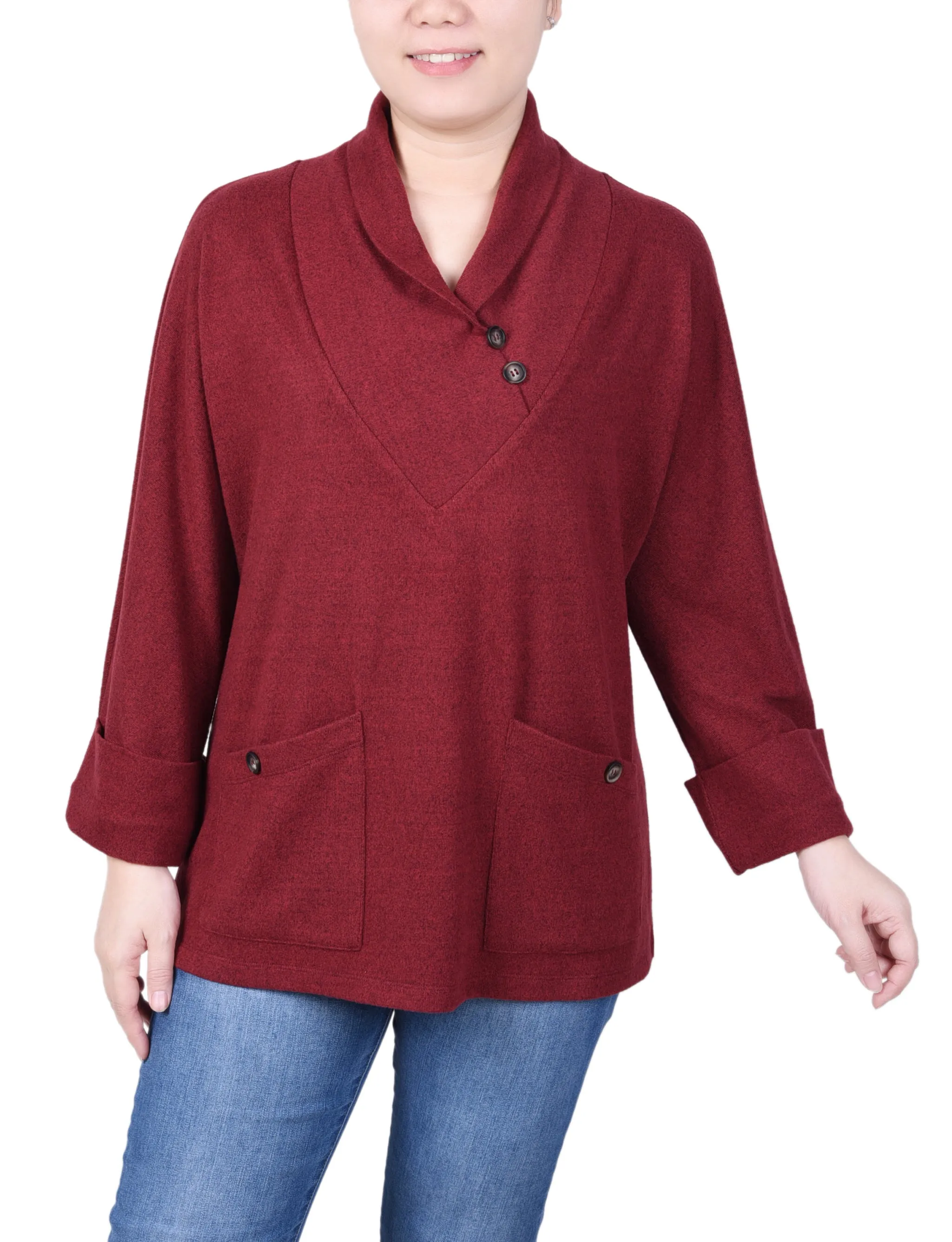 Petite Long Sleeve Shawl Collar Top With Pockets