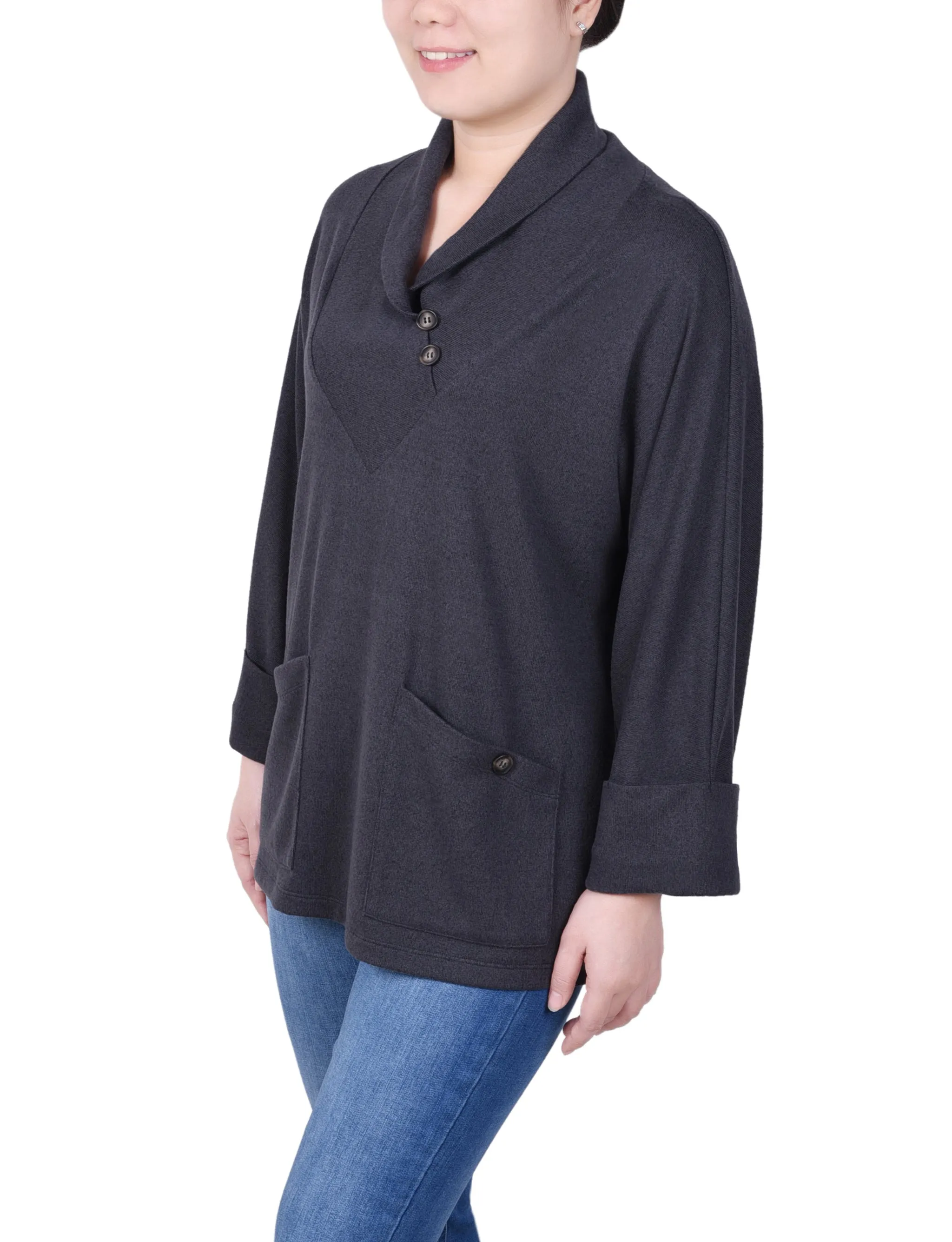 Petite Long Sleeve Shawl Collar Top With Pockets