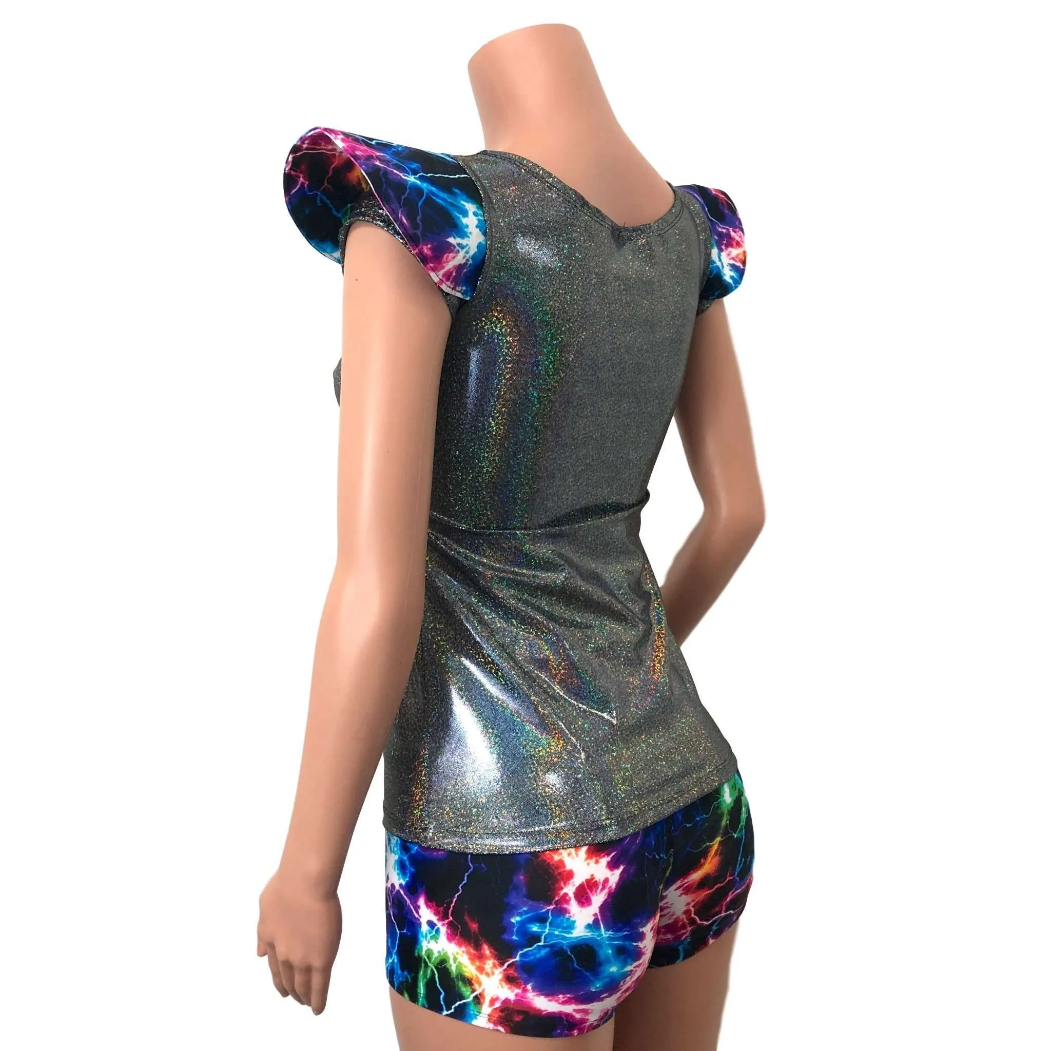 SALE - SMALL - Bowie Sleeve Top - Gleaming Silver Holographic Cap Sleeve Top