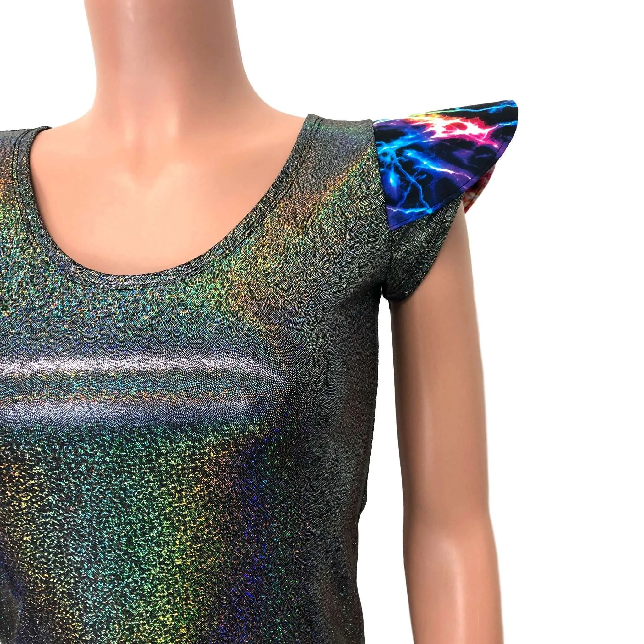 SALE - SMALL - Bowie Sleeve Top - Gleaming Silver Holographic Cap Sleeve Top