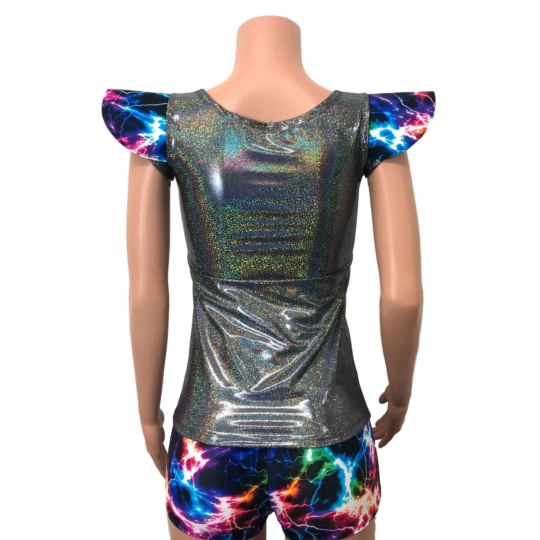 SALE - SMALL - Bowie Sleeve Top - Gleaming Silver Holographic Cap Sleeve Top