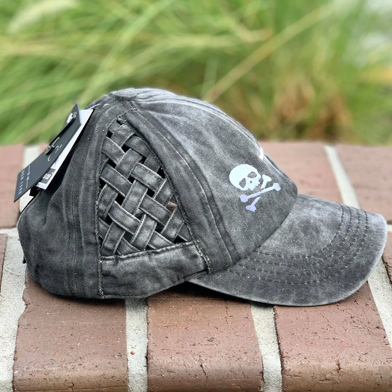 Skull Basket Woven Criss-Cross High Ponytail Cap