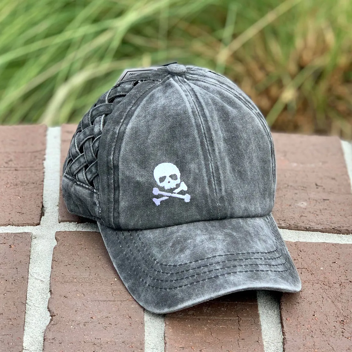 Skull Basket Woven Criss-Cross High Ponytail Cap