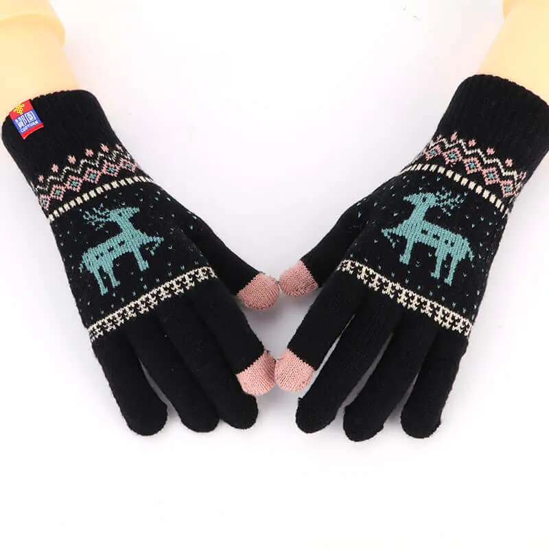 Special price deer double-layer touch screen gloves junction of female knit warm winter outdoor riding sports thickening five fingers