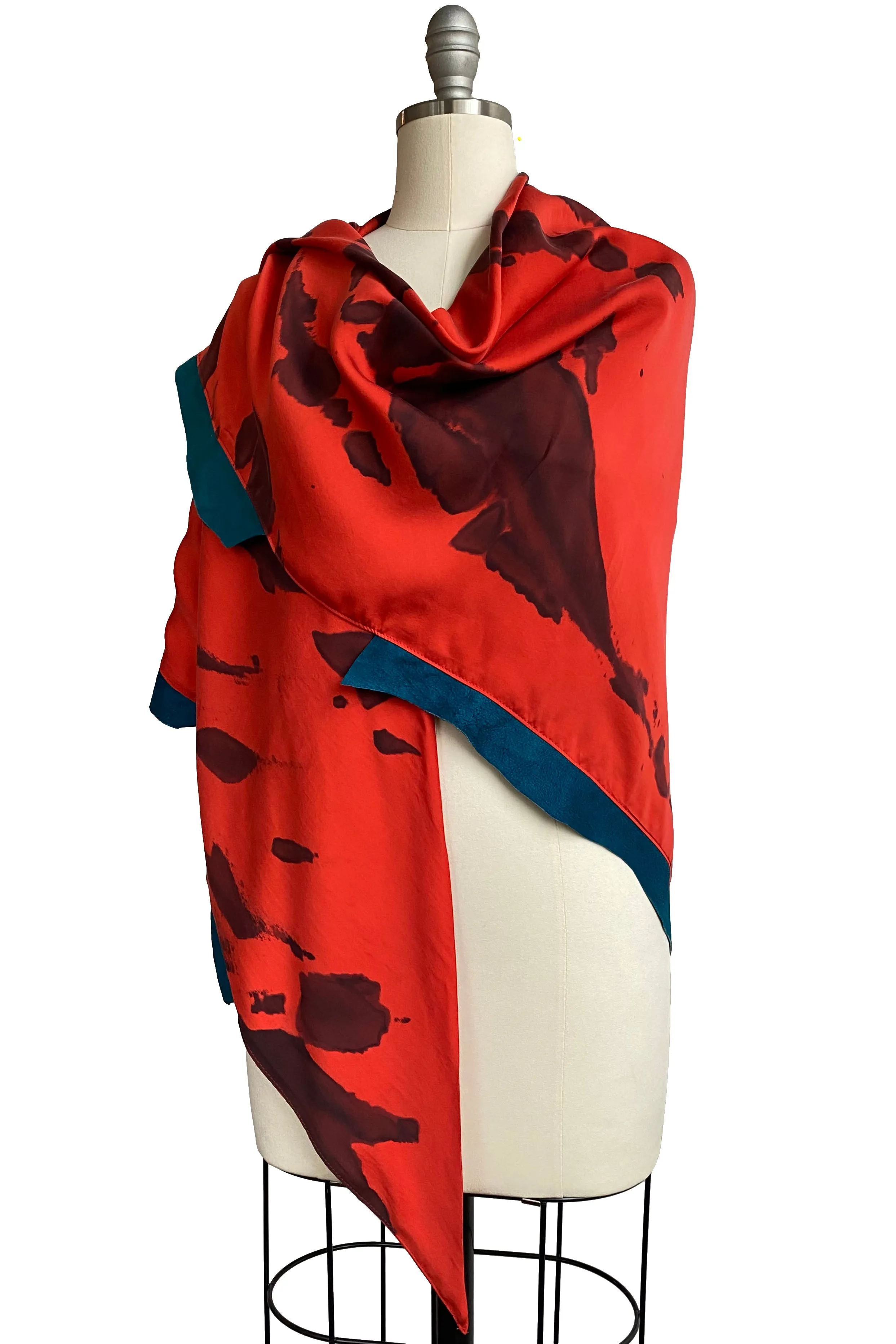 Triangle Shawl w/ Leather Trim - Spray Dye - Red Orange & Teal