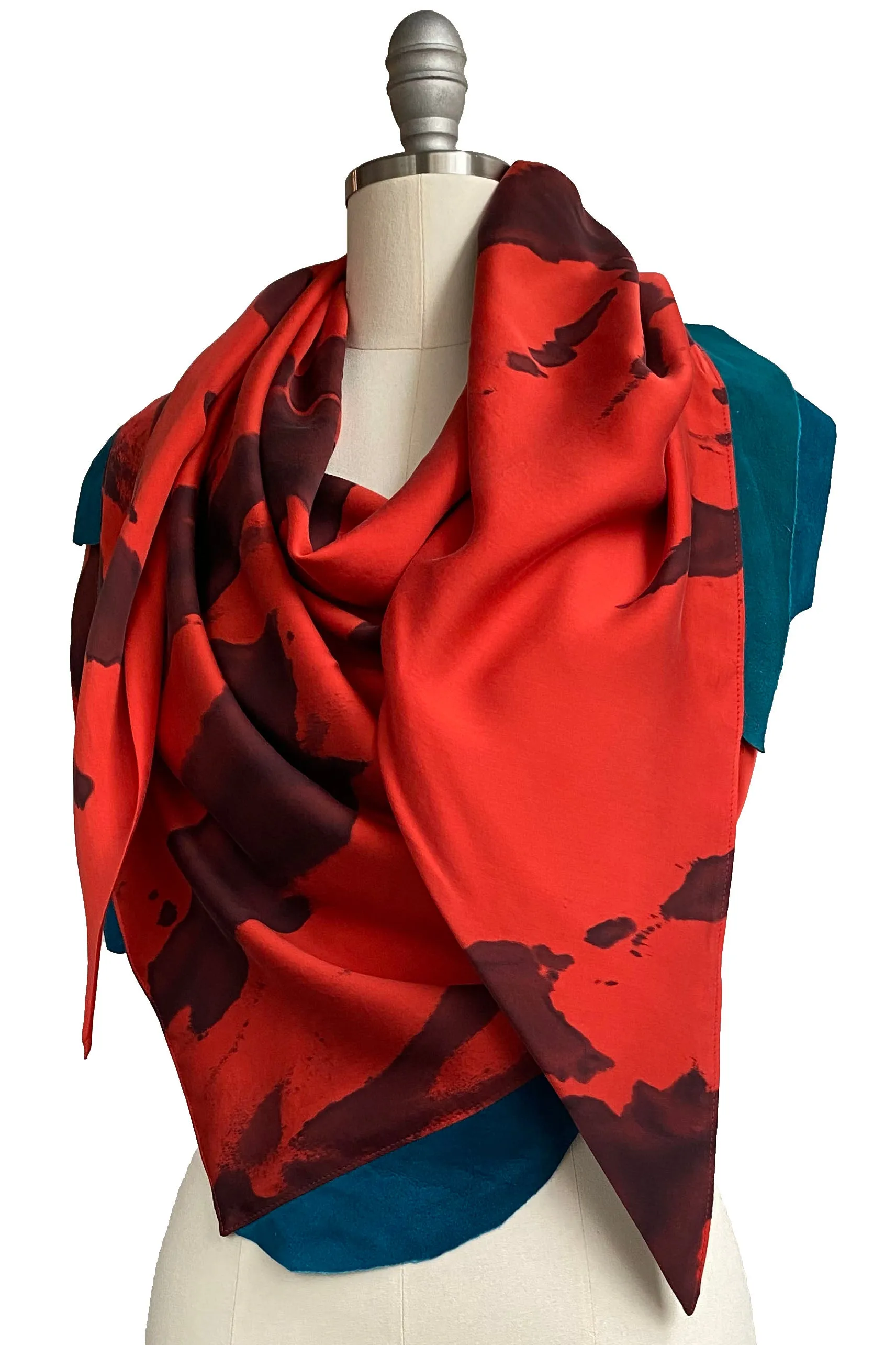 Triangle Shawl w/ Leather Trim - Spray Dye - Red Orange & Teal