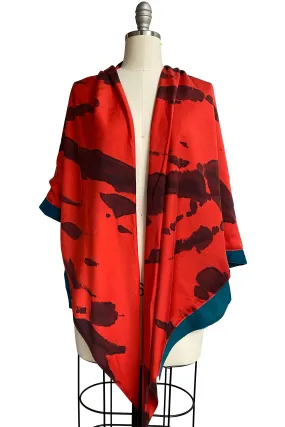 Triangle Shawl w/ Leather Trim - Spray Dye - Red Orange & Teal