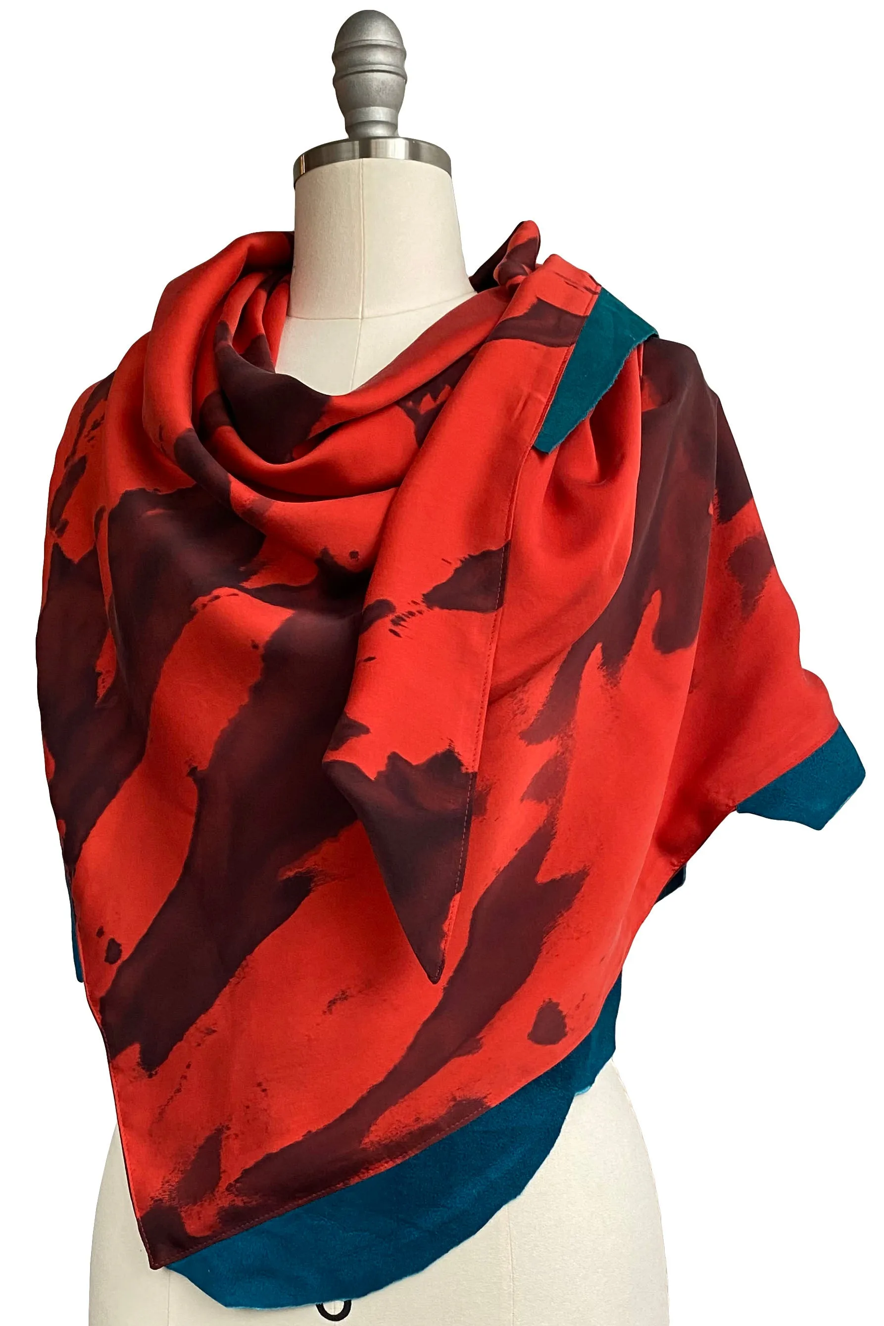 Triangle Shawl w/ Leather Trim - Spray Dye - Red Orange & Teal