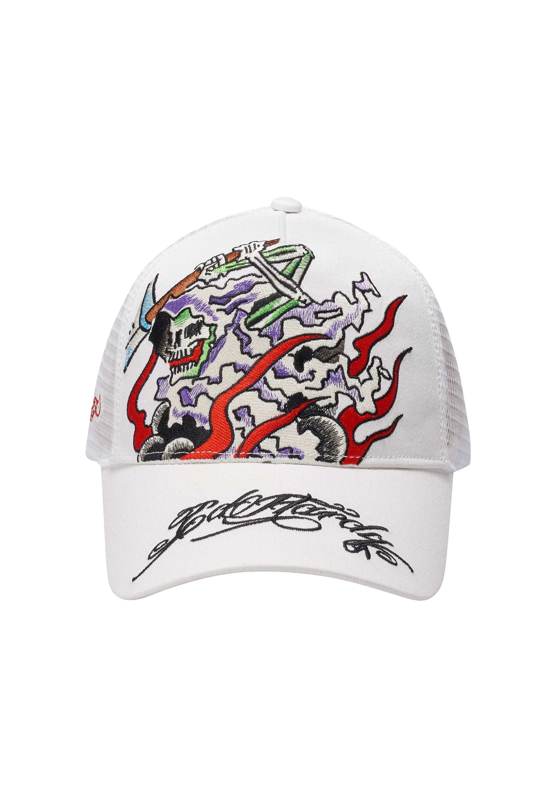 Unisex Hell Swinger Twill Front Mesh Trucker - White/White