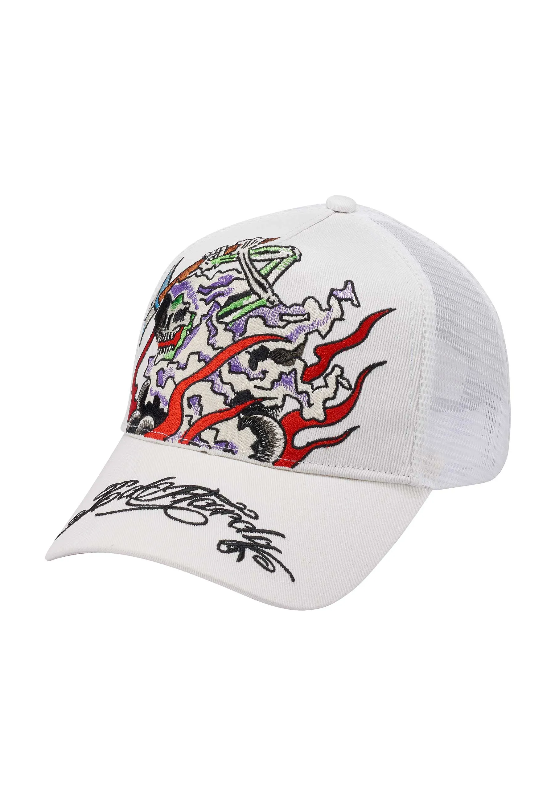 Unisex Hell Swinger Twill Front Mesh Trucker - White/White