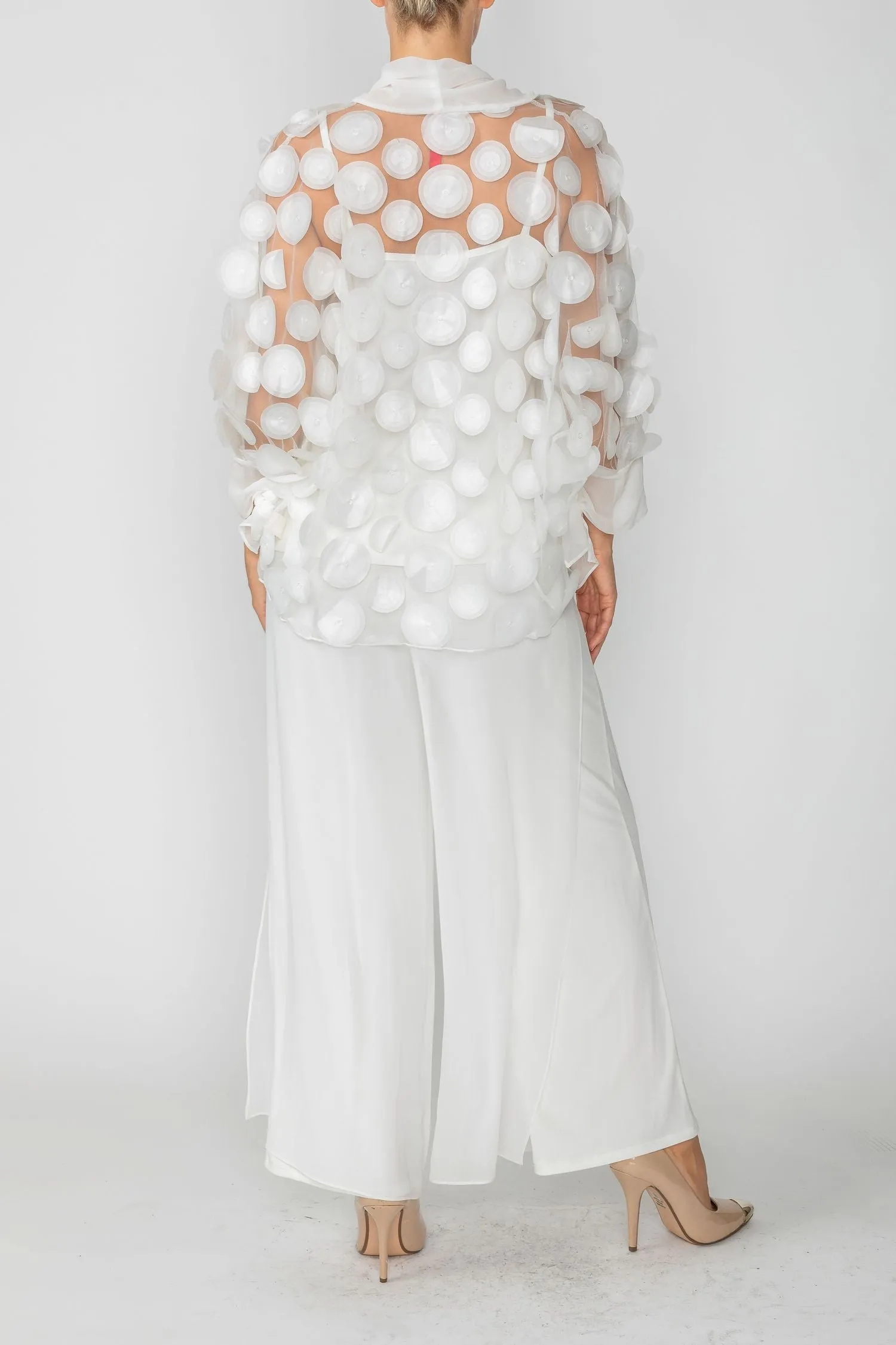 White Cross-Over Shawl Collar Ruffle Cuff Top