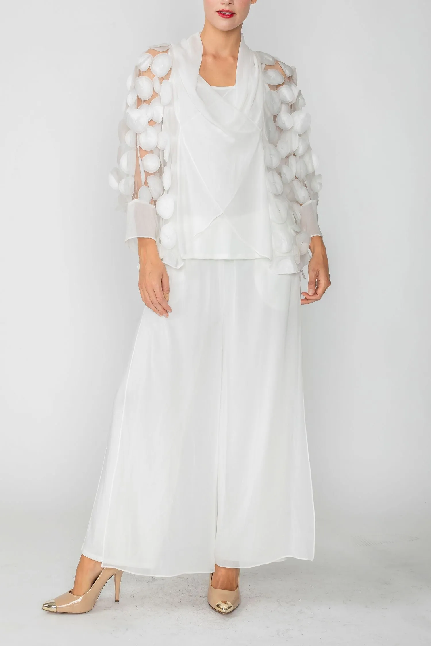 White Cross-Over Shawl Collar Ruffle Cuff Top